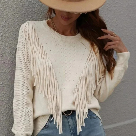 Apricot Beige Fringe Trim Knit Pullover Sweater - Picture 1 of 4